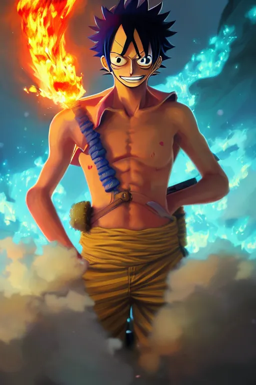 Prompt: ace from one piece, fire, epic scene, anime, colors, full body, 8 k, illustration, atmosphere, unreal engine, video game, highly detailed, symmetrical, concept art, peter mohrbacher, craig mullins, digital painting, deviantart, cinematic lighting, 4 k