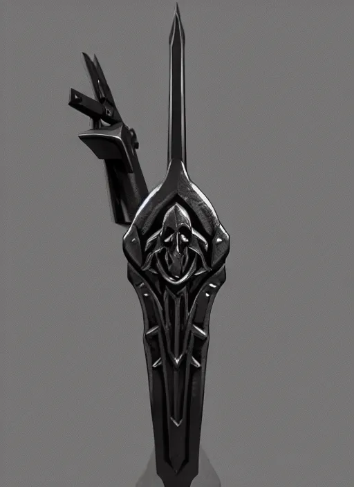 Image similar to a black long sword skull crest, orthographic, ornament, weapon, a 3 d render by dom qwek, front side full, trending on polycount, artstation, hard surface modeling, rendered in maya, zbrush, blender, hd, vray, berserk first person view, symmetry