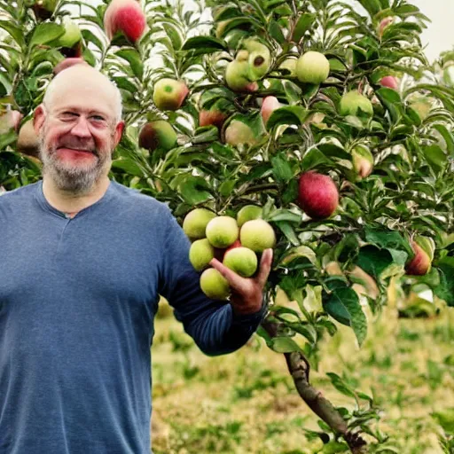 Image similar to a man holding 25 apples in his left hand while standing on a ladder in an orchard