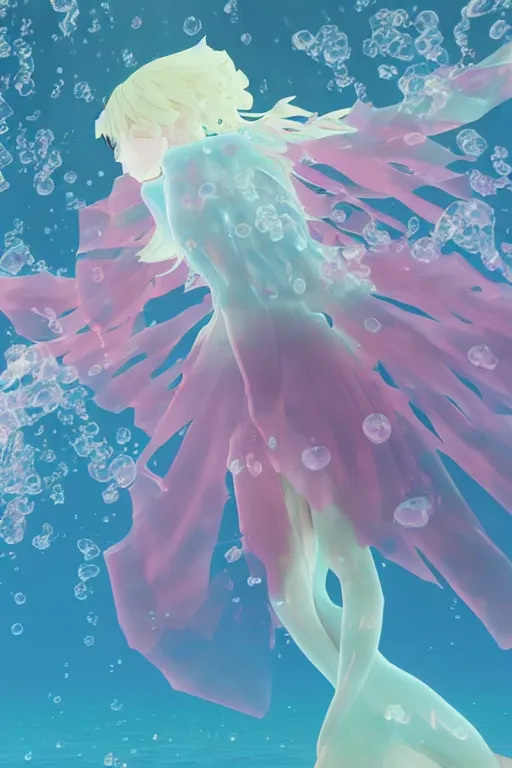 Prompt: 3D CG anime Land of the Lustrous Houseki no Kuni character Ventricosus translucent very pink jelly person with thick chest bubbles and pink transparent dress frills floating at the bottom of the ocean, beautiful composition, 3D render, cel shaded, 8k, key visual, made by Haruko Ichikawa, Makoto Shinkai, studio Ghibli, Kyoto Animation