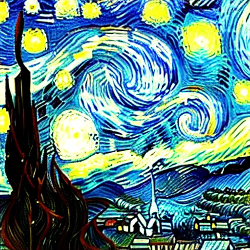 Prompt: starry night with skyscrapers in the style of vincent can gogh