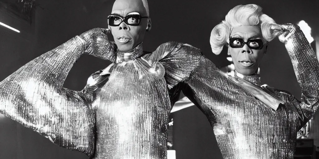 Prompt: RuPaul as the style genius villain in a 1970's James bond movie, inside a stylish gorgeous evil villain lair inside a volcano