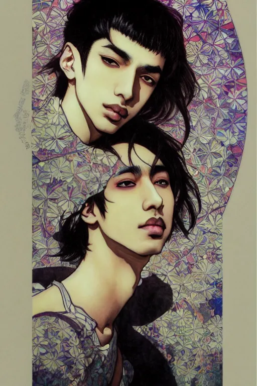 Image similar to beautiful medium shot manga portrait of mahmood inspired by ayami kojima with short hair dressed with a white t - shirt, white background white bank studio light, art by yoshitaka amano, alfons mucha, hiroaki samura, jiro matsumoto and yusuke murata, sharp focus, high quality, 8 k