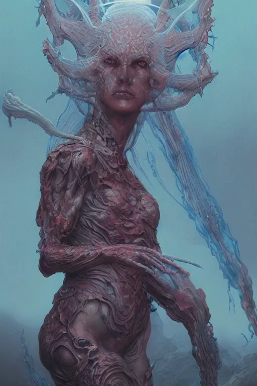 Image similar to the goddess of hell by Wayne Barlowe and Yoan Lossel award winning artwork, trending on artstation, high quality printing, fine art with subtle redshift rendering