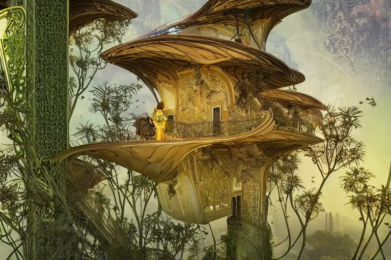 Image similar to elegance, foliage overgrowing favela honeybee hive, art nouveau environment, award winning art, epic dreamlike fantasy landscape, ultra realistic,