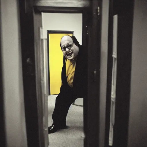 Image similar to danny devito in the backrooms, liminal space, scary, yellow, cinematic camera