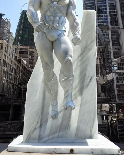 Image similar to a giant white marble sculpture depicting the Justice league, detailed, intricate Marble sculptures of The Superman, Wonder Woman all carved out of one giant Block of Marble