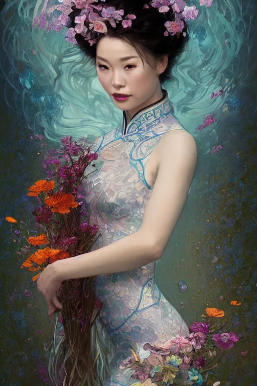 Prompt: portrait of a beautiful woman wearing a cheongsam dress, holding a bouquet of flowing flowers, drenched body, silver hair, emerging from the water, dark fantasy, regal, fractal crystal, fractal gems, by ross tran, stanley artgerm lau, thomas kindkade, alphonse mucha, loish, norman rockwell