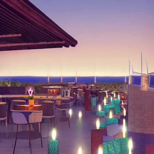 Prompt: rooftop bar overlooking sandy beach in the style of Gaudi, photograph in style of Julius Shurman, warm light glowing, relaxing, dusk, cinematic lighting, trending on artstation