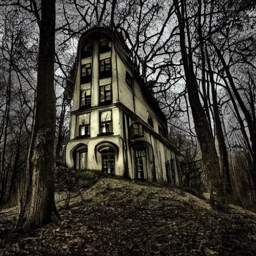 Image similar to twisted creepy building with in a dark forest at midnight