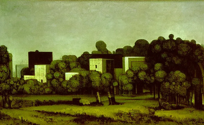 Prompt: geometric painting of industrial buildings surrounded by undergrowth by gustave courbet