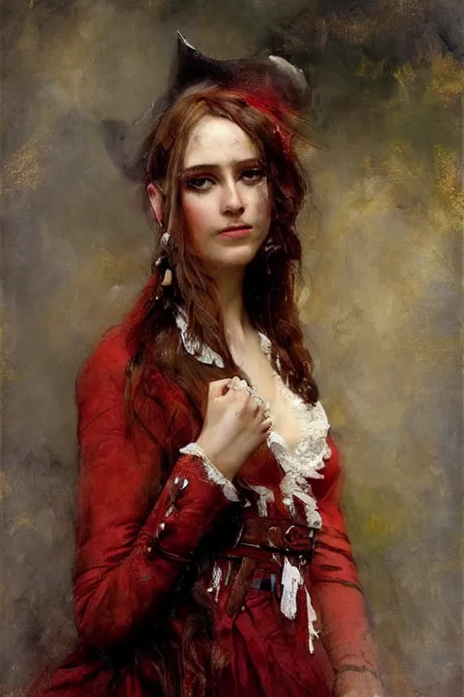 Prompt: no hands. Solomon Joseph Solomon and Richard Schmid and Jeremy Lipking victorian genre painting full length portrait painting of a young beautiful woman traditional german french actress model pirate wench in fantasy costume, red background