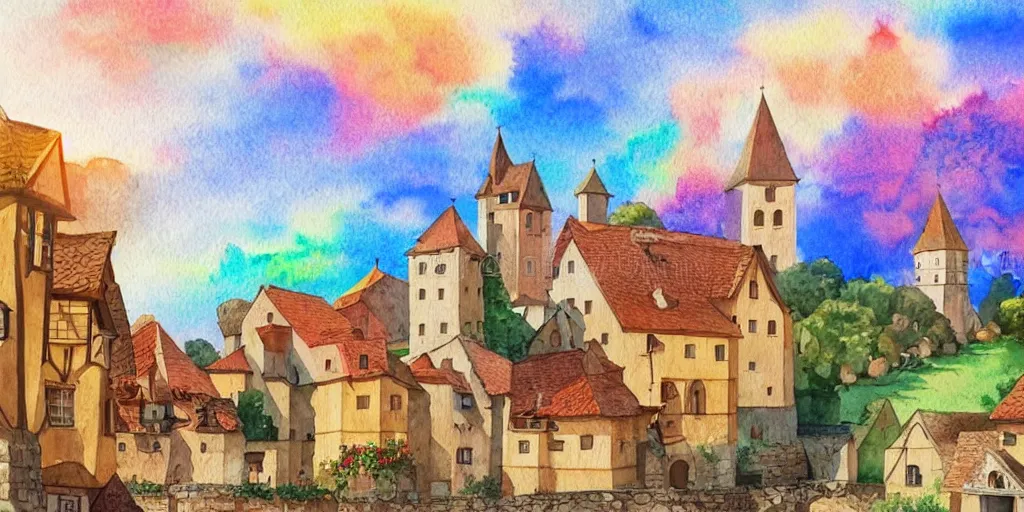 Prompt: medieval town, summer morning light, masterpiece watercolor painting, clean svg vector illustration, trending on artstation