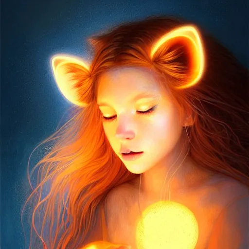 Image similar to Portrait of a girl angel with pale orange colored frizzy strands of illuminated hair, cat ears on her head, glowing halo, Lion's Mane, Lion's Gate, fantasy, intricate, elegant, highly detailed, digital painting, artstation, concept art, smooth, sharp focus, illustration, art by Krenz Cushart and Artem Demura and alphonse mucha