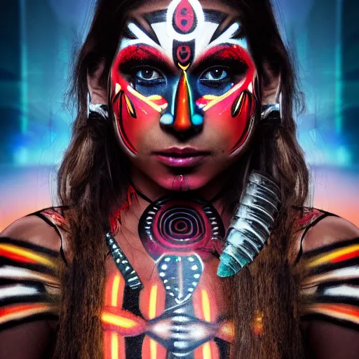 Image similar to a beautiful female indigenous warrior with futuristic face paint, neon ornamental markings, photorealistic, cinematic lighting, high resolution 4 k