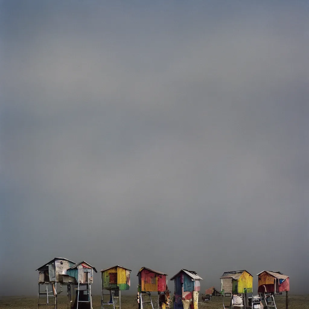 Image similar to two towers, made up of colourful stacked makeshift squatter shacks, bleached colours, plain uniform sky at the back, misty, mamiya, f 1. 8, ultra sharp, very detailed, photographed by julie blackmon