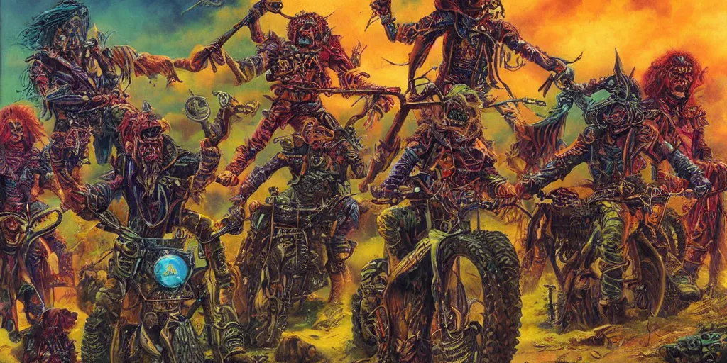 Image similar to psychedelic post apocalyptic orc biker gang, sharp focus, psychedelic colors, michael whelan, boris vallejo