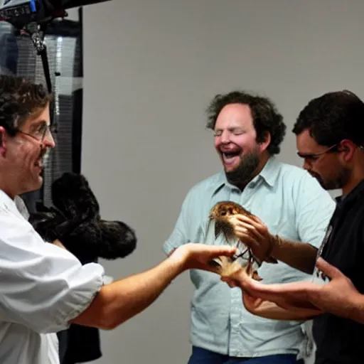 Image similar to a scientist shows off his captive live specimen that is the funniest thing in the world. the room the scientist is in is full of news reporters laughing hysterically while holding cameras and microphones.