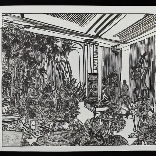 Image similar to A black and white screen print of gallery exhibition view from the 60s, anthropology, colonial, wild, exotic, artifacts, pedestal, ethnography, screen printing