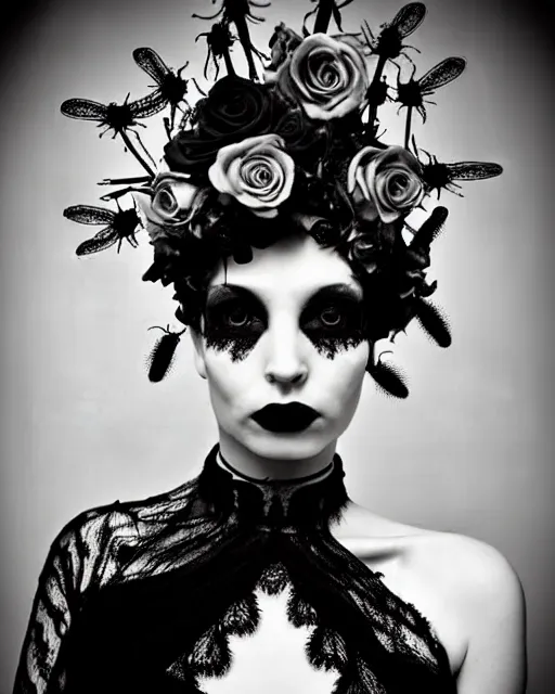 Prompt: dreamy surreal poetic black and white photo of a beautiful young female-cyborg-vegetal with a very long neck and a super big gothic lace collar filled with dead flies and a very high big floral crown with many black dry roses by Vivienne Westwood:: smoke, high fashion, haute couture, rococo, avant-garde, elegant, dreamy, hyper realistic, 150 mm lens, soft rim light, octane render, unreal engine, picture was taken in 1910 by Dora Maar, volumetric lighting, dramatic light,8k,