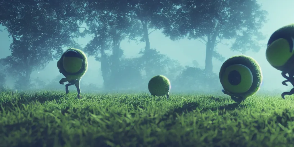 Image similar to a cinematic poster photo of 8 k ultra realistic tennis ball monsters, tennis ball monsters, alien exotic, cinematic lighting, trending on artstation, 4 k, hyperrealistic, focused, high details, unreal engine 5, cinematic, alien planet atmosphere in background, 3 d render by beeple