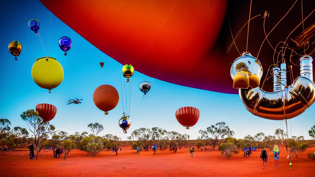 Prompt: large colorful futuristic space age metallic steampunk balloons with pipework and electrical wiring around the outside, and people on rope swings underneath, flying high over the beautiful ayers rock in australia city landscape, professional photography, 8 0 mm telephoto lens, realistic, detailed, photorealistic, photojournalism