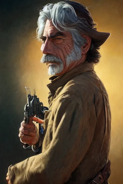 Prompt: portrait of sam elliott, western, gunslinger, duster, fantasy, intricate, elegant, highly detailed, digital painting, artstation, concept art, sharp focus, illustration, art by artgerm and greg rutkowski and alphonse mucha