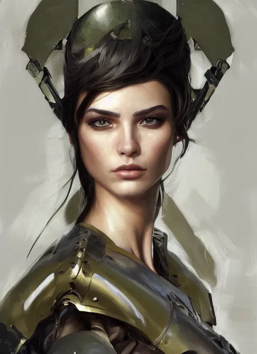 Image similar to a professional painting of a beautiful young female, clothed in military armor, olive skin, long dark hair, beautiful bone structure, symmetrical facial features, intricate, elegant, digital painting, concept art, smooth, sharp focus, illustration, from Metal Gear, by Ruan Jia and Mandy Jurgens and Artgerm and William-Adolphe Bouguerea