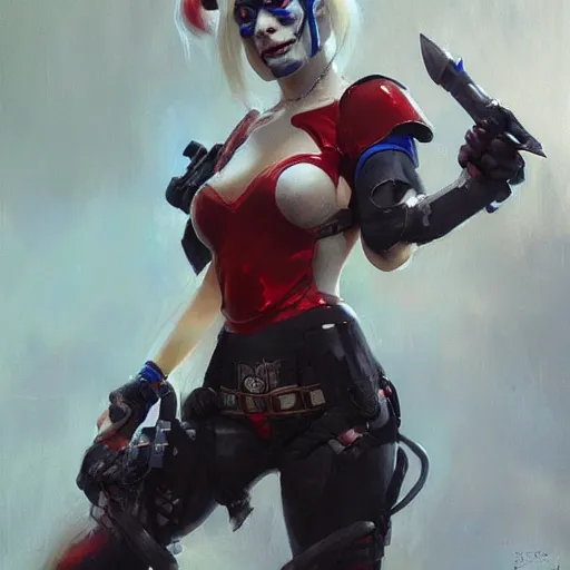 Image similar to portrait of Harley Quinn in bikini armor, dc comics, cyberpunk, Warhammer 40000, dark fantasy, digital art from artstation by Ruan Jia and Mandy Jurgens and Artgerm and william-adolphe bouguereau