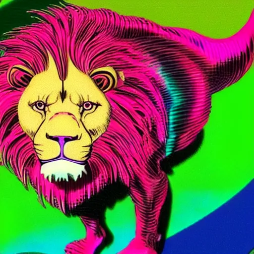 Prompt: a vhs still of a concept art with a photo of male muscular albino lion wearing fancy neon clothing in a vaporwave artwork composition, windows 9 8 logo, in the movie lifeforce ( 1 9 8 5 ) 8 k, intricate, pastel colors