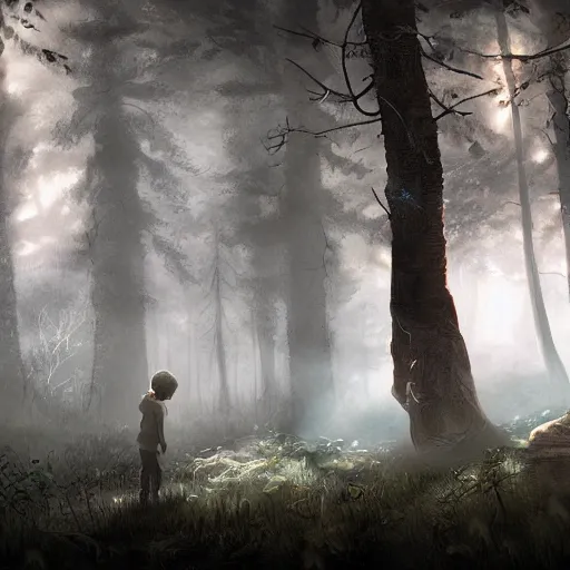 Image similar to a lost boy in the woods, horror, eldritch, unreal engine, dramatic lighting, digital art, mist, digital illustration, detailed environment, fantasy