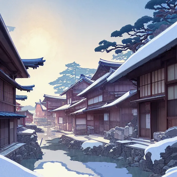 Image similar to japanese rural town, winter, in the style of studio ghibli, j. c. leyendecker, greg rutkowski, artem