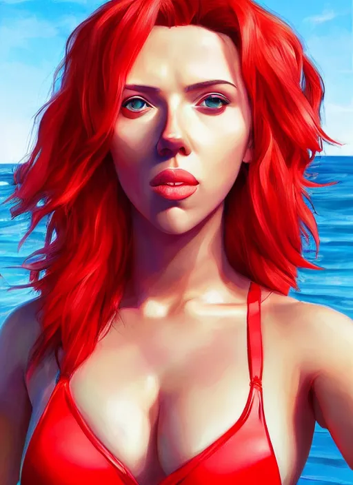 Image similar to 4k 8k photorealistic torso headshot portrait of Scarlett Johansson in tight fit contact red swimsuit reflective; @@Evangelion@@ anime. Beach vacation scene. by James Jean, Zac Retz, pixiv