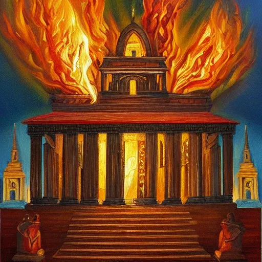 Image similar to a beautiful, detailed, and realistic oil painting of the Temple of Solomon in flames