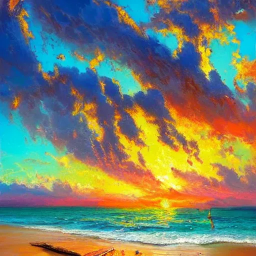 Prompt: acrylic painting, impressionism and expressionism, strong emotional impact, bold pastel colors, expressive brushstrokes. by peter mohrbach and mark keathley. fantasy illustration of the shore of the island of monuments and statues. spectacular sunset. beautiful and vivid trending on artstation hq 8 k contest winner # wow
