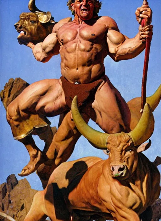 Image similar to full body portrait of dorian yates with the head of a bull as the greek minotaur, dynamic action, by norman rockwell and jesper ejsing and tom lovell and frank schoonover