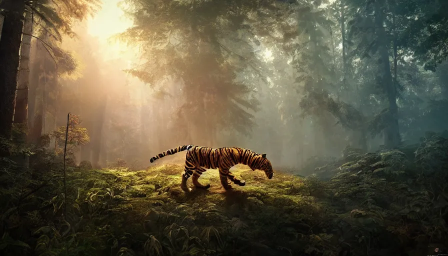 Prompt: american astronaut in the forest riding a tiger, plants environment, wide angle, cinematic lighting, atmospheric, ultrarealistic, trending on artstation, cgsociety, highly detailed, color graded, in the style of craig mullins, rendered in Unreal Engine 4k HQ, shadow of the tomb rider