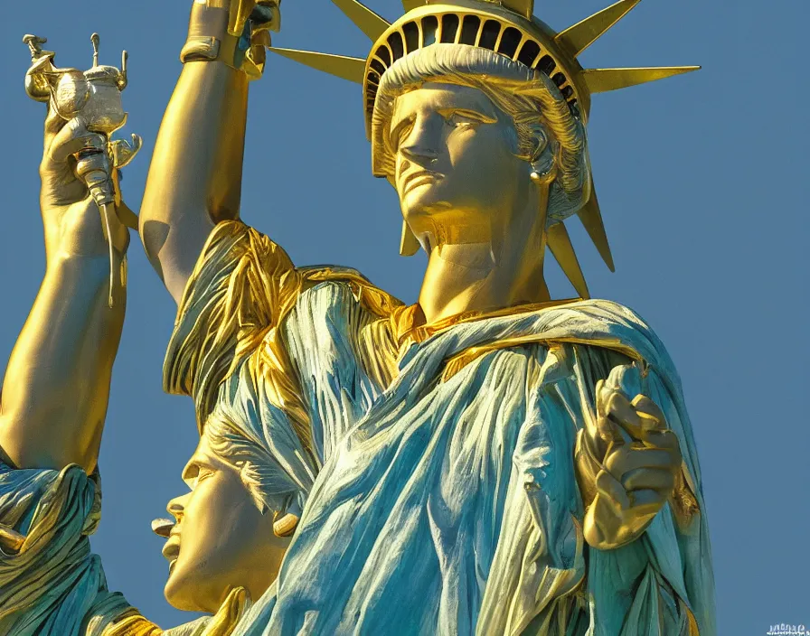 Prompt: statue of liberty but it's made from gold and sing a rap with diamond microphone, beautiful graphics, fantasy artwork, very beautiful scenery, hd, hdr, ue 5, ue 6, unreal engine 5, cinematic 4 k wallpaper, 8 k, ultra detailed