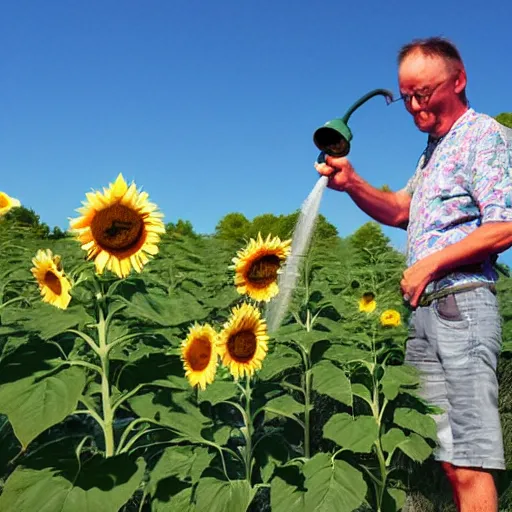 Image similar to a realistic photograph of Crazy Dave watering a Sunflower