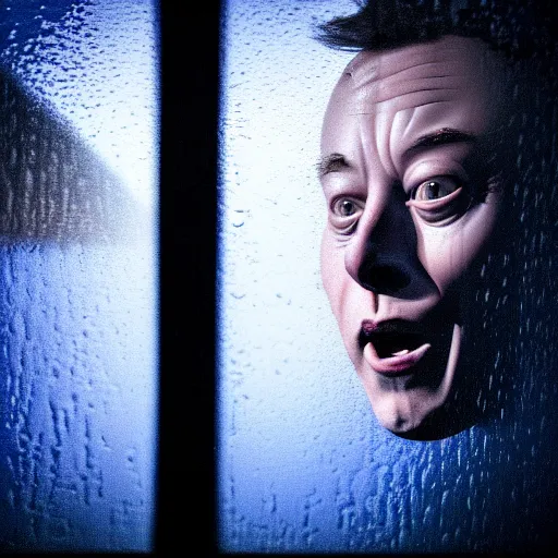 Image similar to dark photo of dark blue rainy bedroom window at night, dimly lit creepy ( ( ( ( ( contorted distorted ) ) ) ) ) screaming face of elon musk staring in through the window, horror, scary face, demonic face,