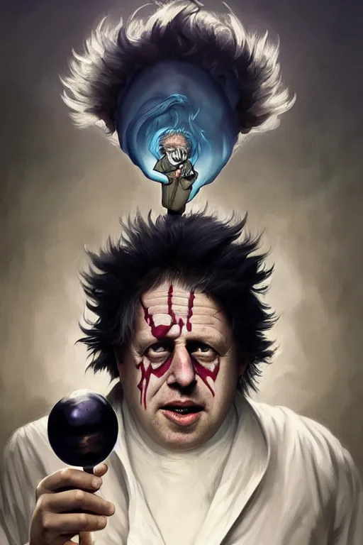 Image similar to Boris Johnson as drunk genius Rick Sanchez, one eyebrow, white robe, big eyes, 2d portrait, symmetrical, highly detailed, digital painting, artstation, concept art, smooth, sharp focus, illustration, cinematic lighting, art by artgerm and greg rutkowski and alphonse mucha