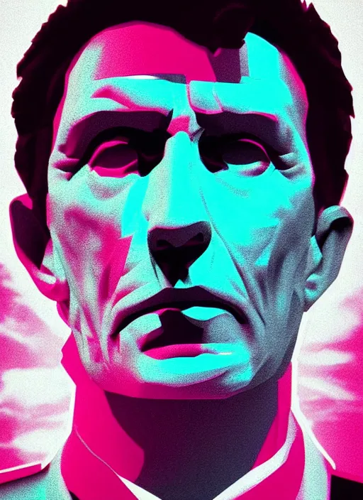 Prompt: portrait of julius caesar with a stoic look, beeple, vaporwave, retrowave, black background, neon, black, glitch, strong contrast, neon wiring, cuts, pinterest, trending on artstation