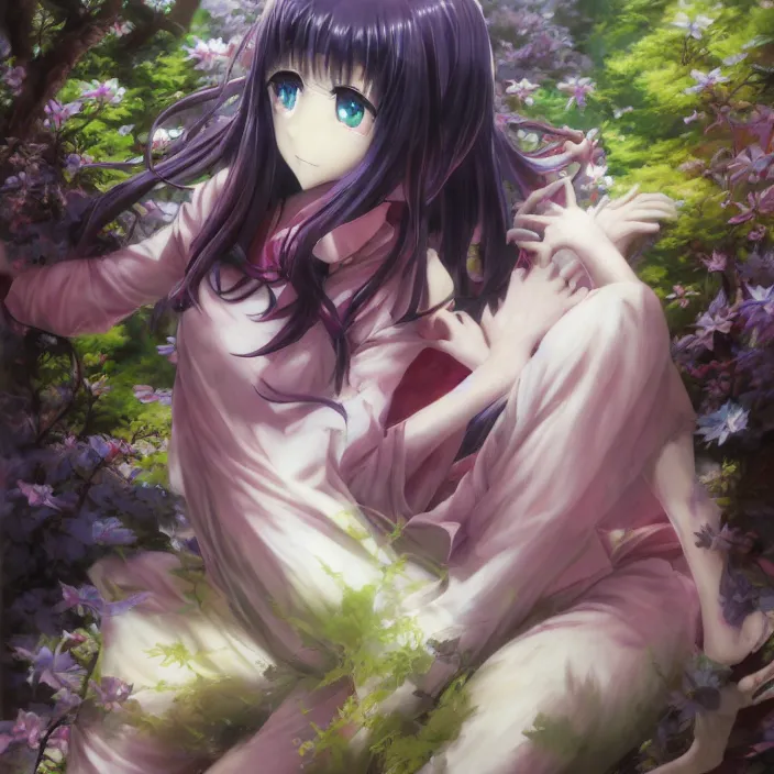 Prompt: Nishimiya Shouko, Schwi Dola, Albedo from Overlord, Mayer Re-l, Japan Lush Forest, official anime key media, close up of Iwakura Lain, LSD Dream Emulator, paranoiascape ps1, official anime key media, painting by Vladimir Volegov, beksinski and dan mumford, giygas, technological rings, johfra bosschart, Leviathan awakening from Japan in a Radially Symmetric Alien Megastructure turbulent bismuth glitchart, Atmospheric Cinematic Environmental & Architectural Design Concept Art by Tom Bagshaw Jana Schirmer Jared Exposure to Cyannic Energy, Darksouls Concept art by Finnian Macmanus