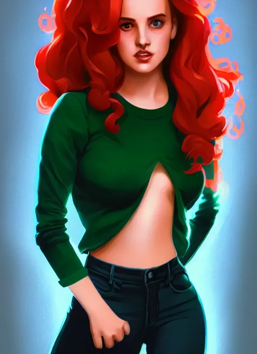 Image similar to full body portrait of teenage cheryl blossom, bangs, green eyes, mischievous expression, red hair, sultry smirk, bangs and wavy hair, intricate, elegant, glowing lights, highly detailed, digital painting, artstation, concept art, smooth, sharp focus, illustration, art by wlop, mars ravelo and greg rutkowski