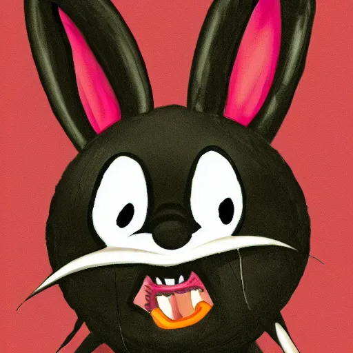 Image similar to A extremely highly detailed majestic hi-res beautiful, highly detailed head and shoulders portrait of a scary terrifying, horrifying, creepy black cartoon rabbit with scary big eyes, earing a shirt laughing, hey buddy, let's be friends, in the style of Walt Disney