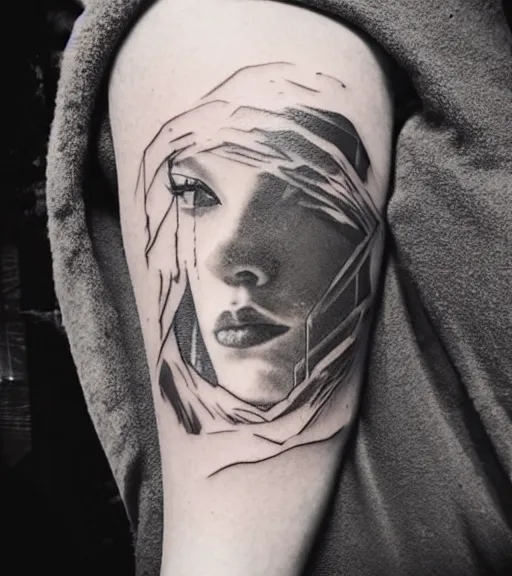 Prompt: tattoo design sketch of a beautiful woman face against a faded background of beautiful mountains on her side, hyper - realistic, double exposure effect, in the style of den yakovlev, amazing detail, black and white, faded