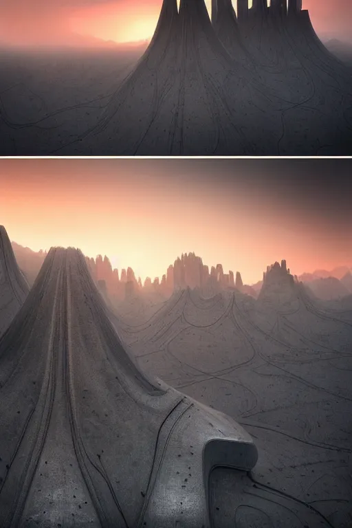 Image similar to sci - fi concrete brutalist architecture in the italian dolomites, zaha hadid, beksinski, oil painting, photoreal, highly detailed, 8 k, hd, vray, artstation, cinematic matte painting, extreme detail photo quality, sunset, featured on behance