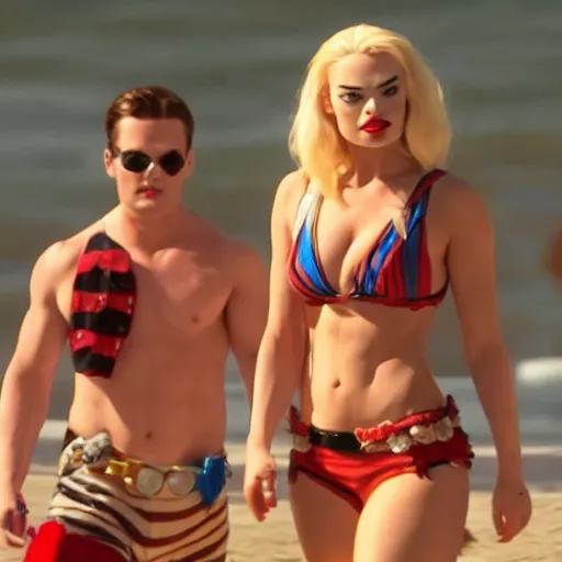 Prompt: margot robbie harley quinn at the beach 4 k detailed super realistic