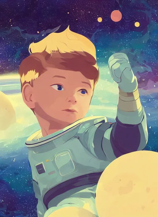 Image similar to little boy with short blonde hair. he is floating in space. he is wearing a space suit. background is a nebula. clean cel shaded vector art. shutterstock. behance hd by lois van baarle, artgerm, helen huang, by makoto shinkai and ilya kuvshinov, rossdraws, illustration, art by ilya kuvshinov