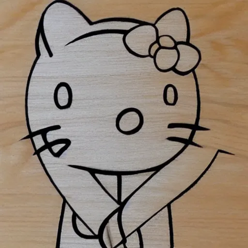 Image similar to 'hello kitty in wood carving pencil sketch'